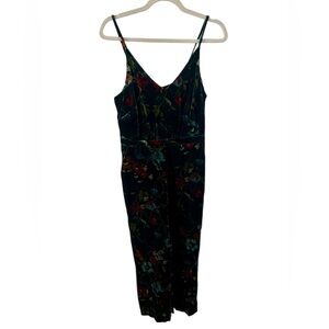 LOFT velvet dark green spaghetti strap wide leg floral jumpsuit